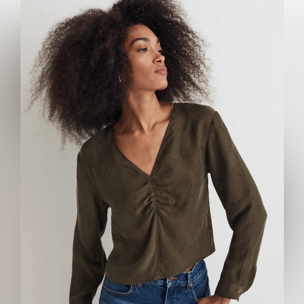 Madewell Brushed Ruched-Front Top, olive color, size 8